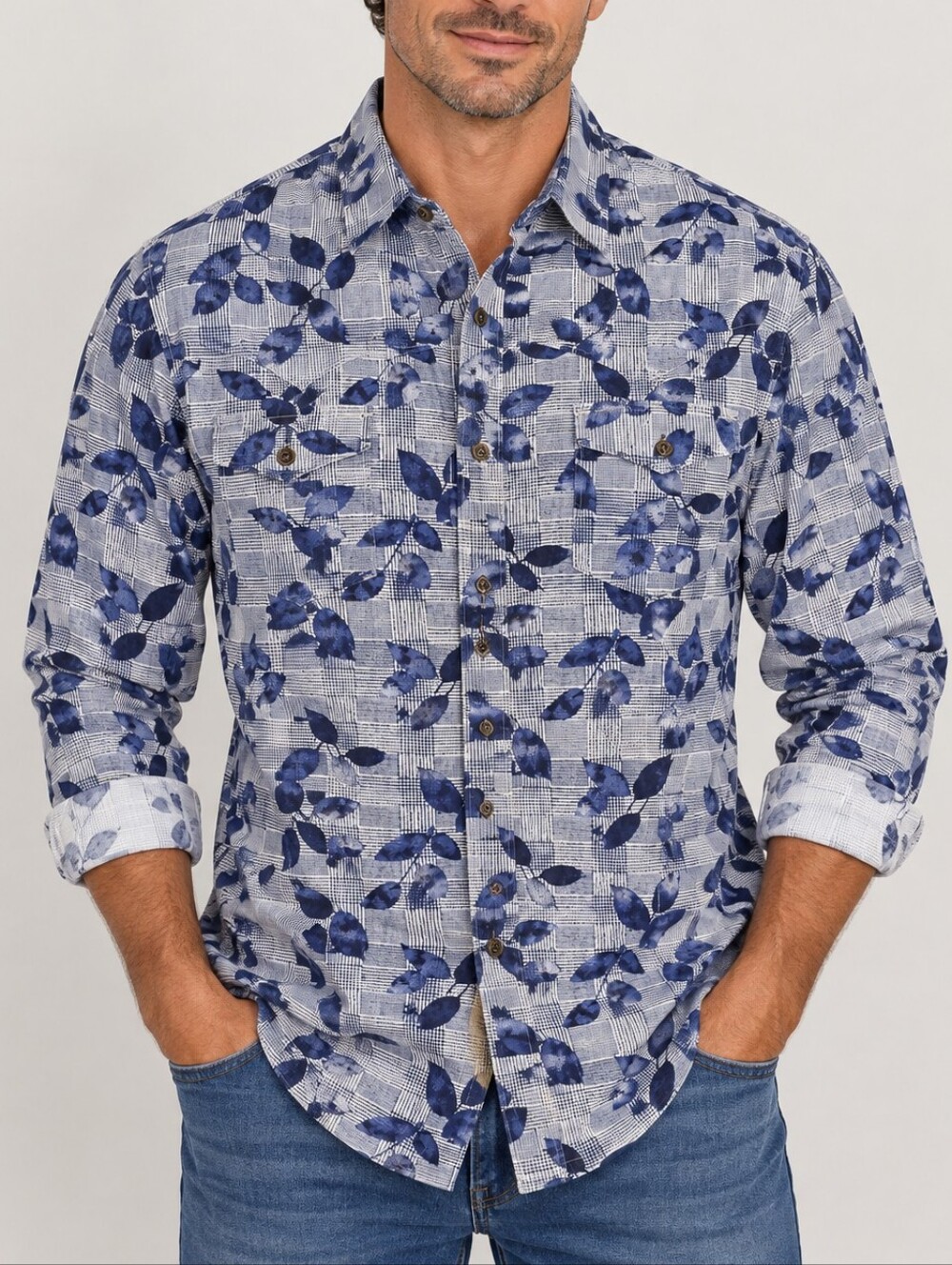 OCEAN & COAST Blue Glen Plaid Leaf Print Button-Up Shirt – Large